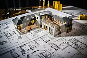 House models sit on top of several different architects drawings and floor plan