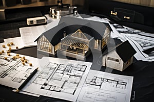 House models sit on top of several different architects drawings and floor plan