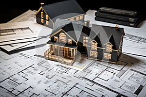 House models sit on top of several different architects drawings and floor plan