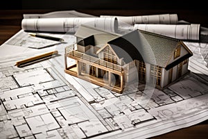 House models sit on top of several different architects drawings and floor plan