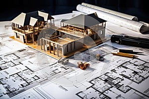 House models sit on top of several different architects drawings and floor plan