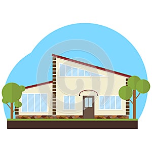 House, modern house on a blue background with trees.