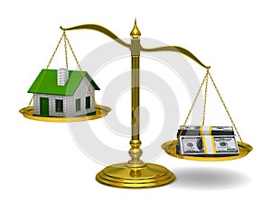 House and money on scales. Isolated 3D