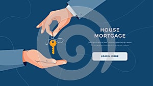 House mortgage banner. Male hand giving keys for property buying. Deal sale, mortgage loan, real estate, dealing house