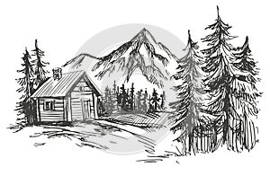 House in mountain landscape hand drawn vector illustration sketch