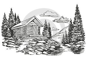 House in mountain landscape hand drawn vector illustration sketch