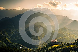 House on the mountain with sunrise