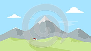 House in the mountains. Landscape with Mountain Peaks. Outdoor recreation. Vector flat illustration