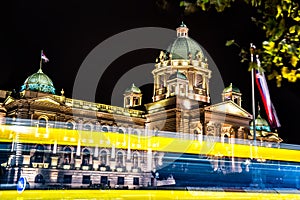 House of the National Assembly of Serbia at night. Belgrade, Serbia