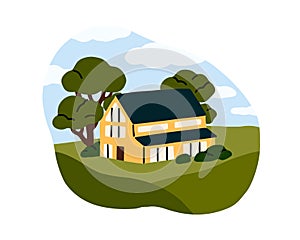 House in nature. Rural suburban home building outdoor. Countryside real estate, exterior. Secluded country private