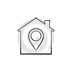 House with navigation mark hand drawn outline doodle icon.