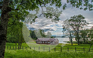 House near lake landscape panorama