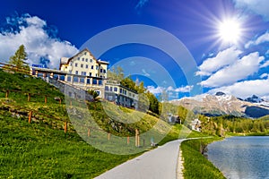 House near Lake St. Moritz, Sankt Moritz, Maloja, Grisons, Switz