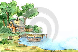 House near the lake. Watercolor illustration.