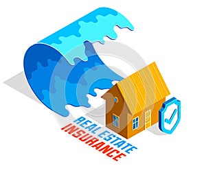 House near tsunami giant water wave real estate insurance concept vector isometric illustration isolated on white background,