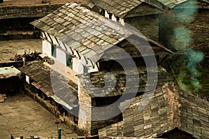 House in a Nepalese village. Traditional Nepalese house, trekking to the Annapurna