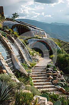 House nestled into hillside with stairs under sky among natural landscape