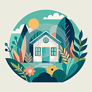 A house nestled among lush trees and colorful flowers, A stylized representation of a cozy home surrounded by a lush garden