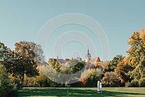 House with nice garden in fall. Flowers in the City Park of Bietigheim-Bissingen, Baden-Wuerttemberg, Germany, Europe