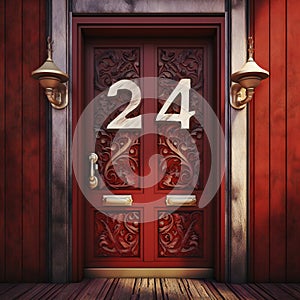 House number 24 on a red wooden front door