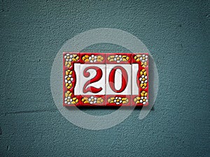House number plate, street number, number 20