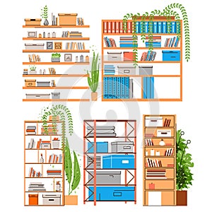 House and Office bookshelf, bookcase, bookrack or stand with boooks, accessories, office paper and folder with greenery