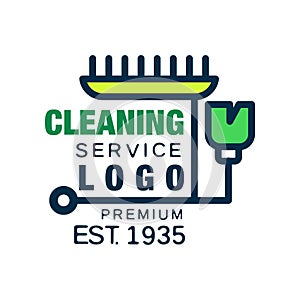 House and office cleaning company logo in line style. Symbol of green detergent bottle with brush. Creative flat icon