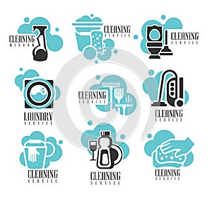 House And Office Cleaning Service Hire Labels Set, Logo Templates For Professional Cleaners Help For The Housekeeping