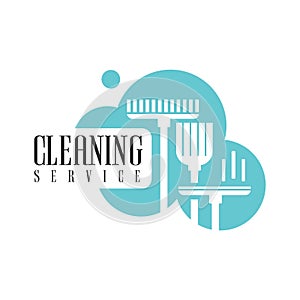 House And Office Cleaning Service Hire Logo Template With Broom And Mop For Professional Cleaners Help For The