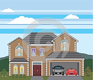 House with open garage. 2 cars, open garage, brick real estate.