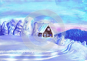 A house on the outskirts of the forest. Winter landscape. Children\'s drawing