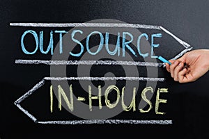 In-house Or Outsource Concept Drawn On Blackboard photo