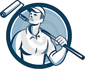 House Painter Holding Paint Roller Circle Retro