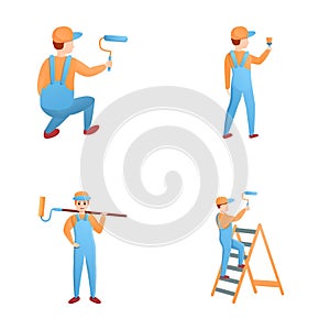 House painter icons set cartoon vector. Repairman during painting work