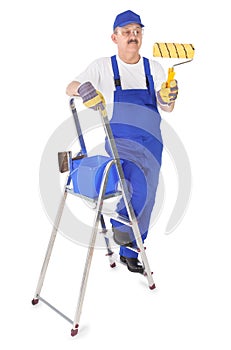 House painter with ladder on white