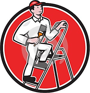 House Painter Paintbrush on Ladder Cartoon