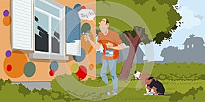 House Painter Paints Shutters of Cheerful Home. Illustration for internet and mobile website