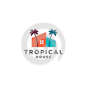 House with palm tree logo vector, tropical beach home or hotel icon design illustration
