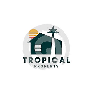 House with palm tree and sun logo vector, tropical beach home or hotel icon design