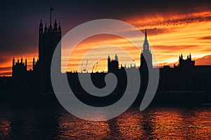 House of parliament in London, sunset sky