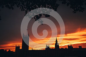 House of parliament in London, sunset sky, silhouette. Symbol of UK, Great Britain