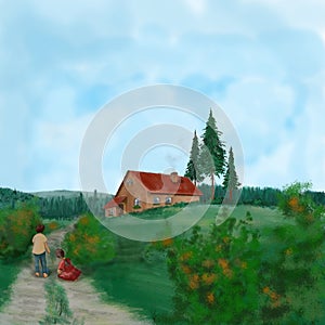 House, path and children