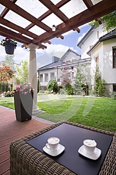 House patio with rattan table