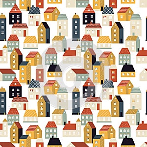 House pattern. Tiny city, cute scandinavian background with homes. Country lifestyle, neighborhood vector seamless
