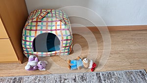 A house for a pet and toys.