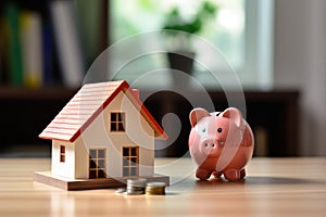 House and pig piggy bank with coins. Real estate and savings. Saving money to maintain property. Municipal budget for the