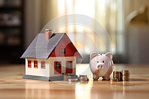 House and pig piggy bank with coins. Real estate and savings. Saving money to maintain property. Municipal budget for the