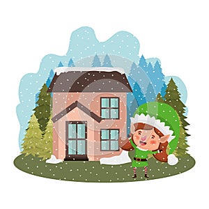 House with pine trees falling snow and elf woman