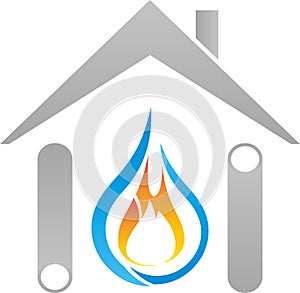 House, pipes, flame and drops, plumbers and craftsmen logo