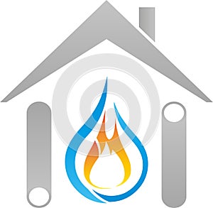 House, pipes, flame and drops, plumbers and craftsmen logo photo